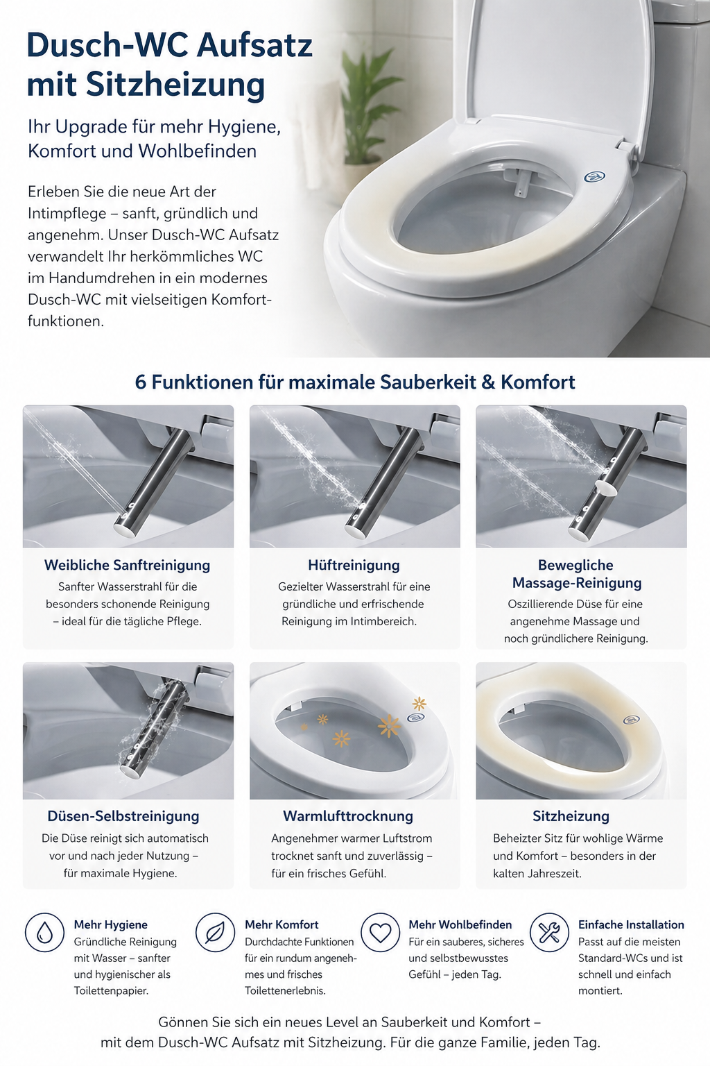 Bidet Aufsatz für WC, mit Föhn, Sitzheizung und Bidet (Dusch-WC zum Nachrüsten)